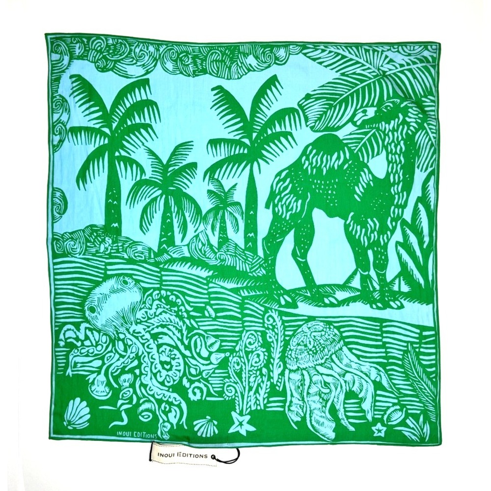 Inoui Editions Dufy Square Scarf‎ Turquoise Cotton Silk Two Tone Desert Scene